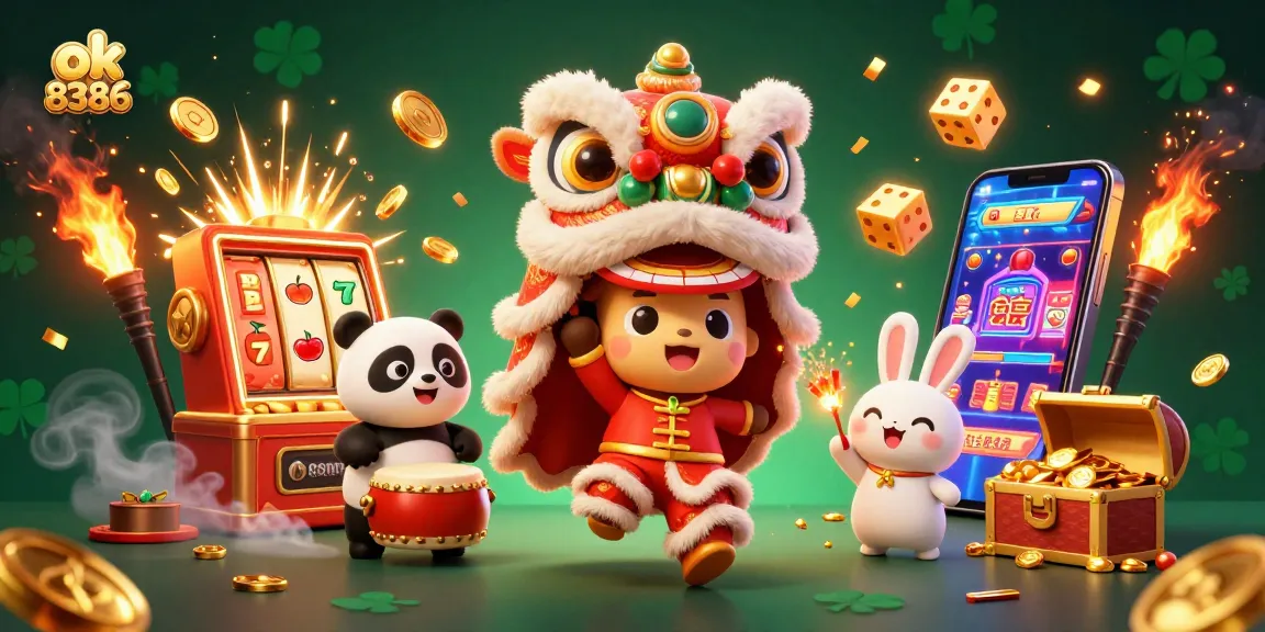Experience the excitement of ok 8386 with vibrant casino illustrations featuring lively characters and dynamic gaming elements.