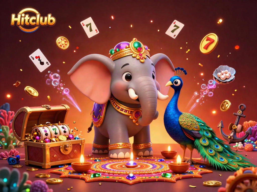 Experience exciting gameplay at Hitclub with vibrant 3D casino-themed elements and festive characters.