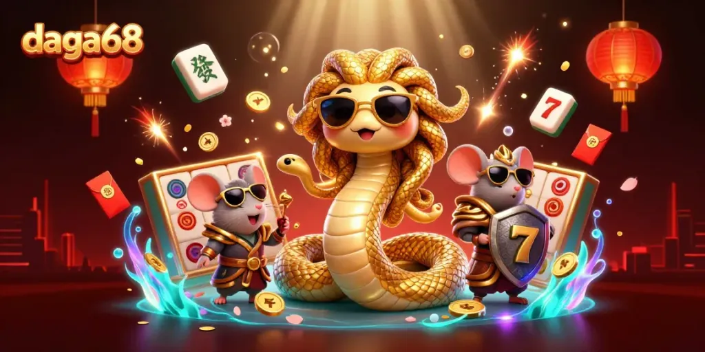 Daga68 showcases a lively 3D casino-themed scene with Medusa, a warrior mouse, slot reels, and gold elements.