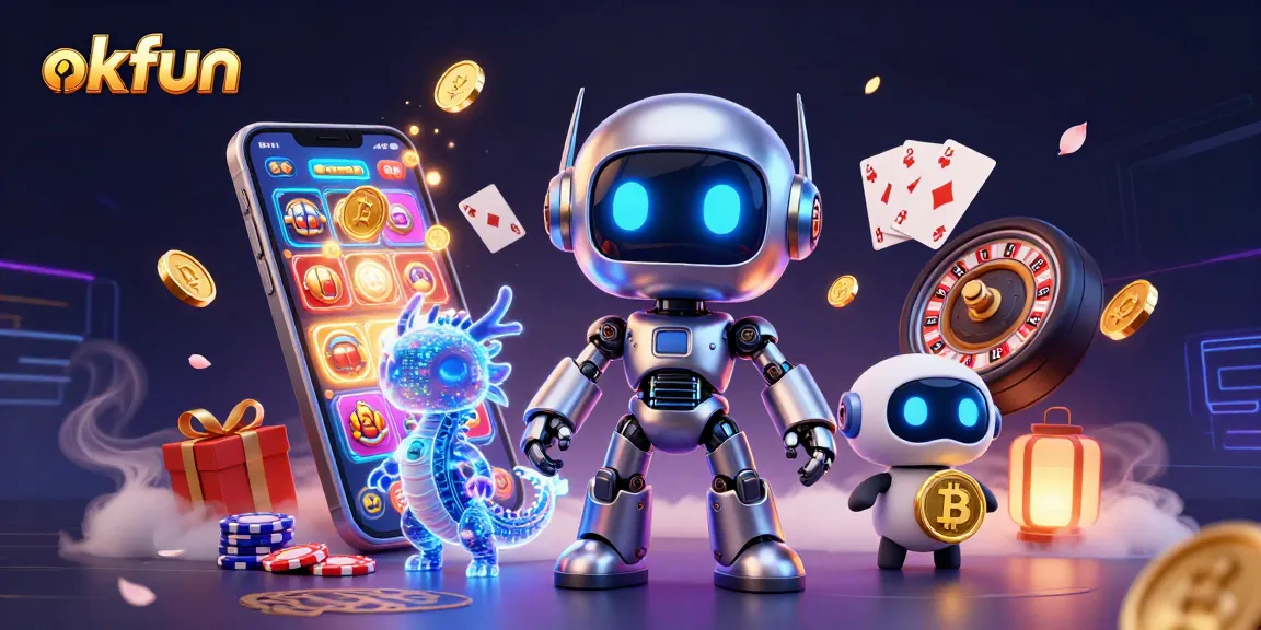Bet on the exciting world of okfun with a vibrant 3D casino scene featuring neon elements and game symbols.
