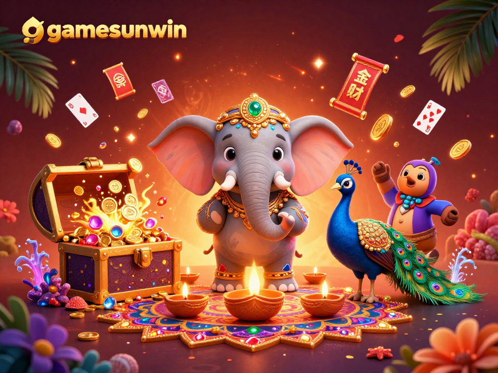 Experience thrilling gameplay with gamesunwin, featuring a vibrant casino-themed 3D illustration full of excitement.
