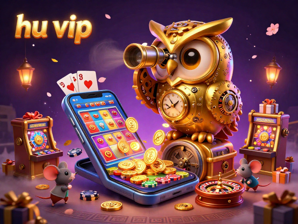 Experience the thrill of casino gaming at hu vip with an exciting 3D illustration showcasing vibrant slot machines, an enchanting owl, and interactive gaming elements.