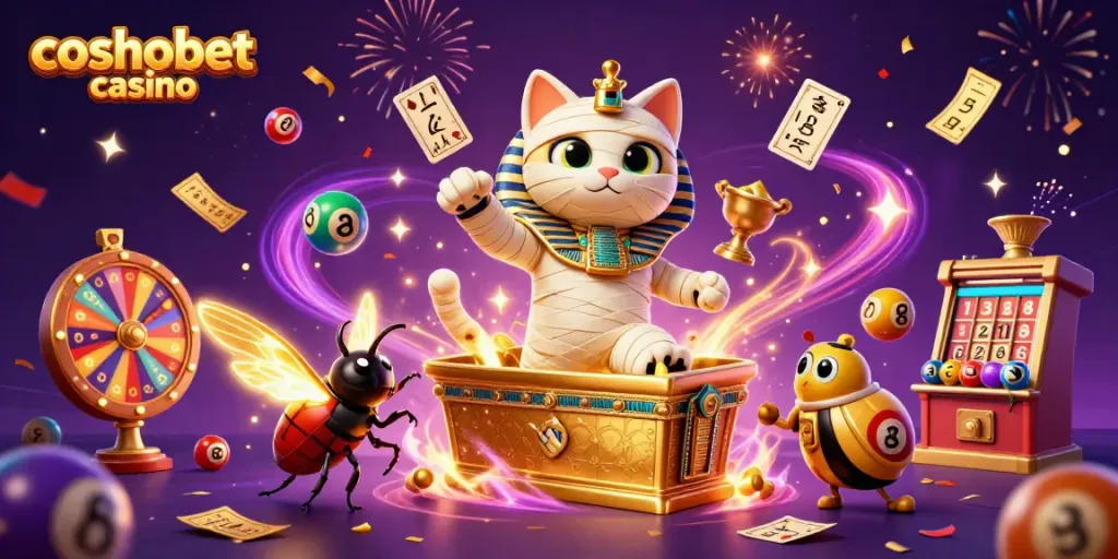 Experience the thrill of cosmobet casino with an Egyptian mummy cat and glowing scarab in an energetic casino scene.