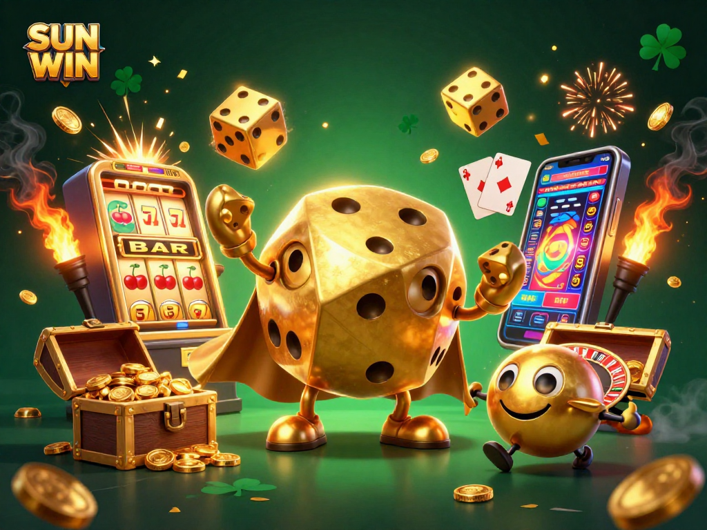SUN WIN showcases 3D golden dice golem juggling dice amidst a jackpot explosion, capturing thrilling casino energy.