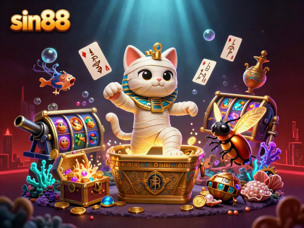 Experience thrilling gaming action at sin88 with a vibrant scene featuring a mummy cat and treasures.