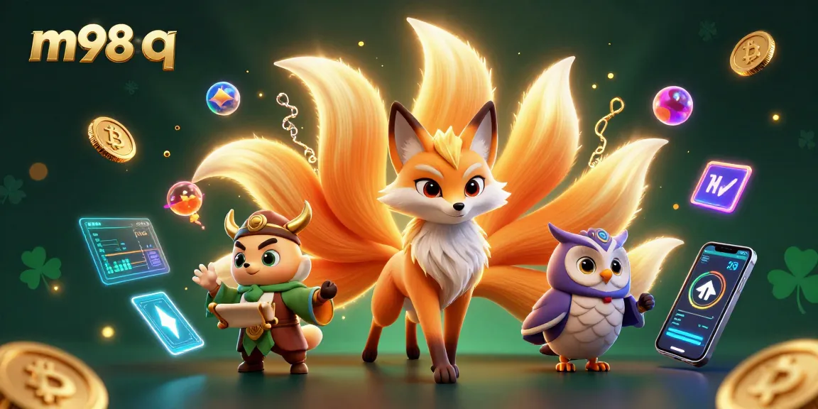 Experience thrilling m98 q gaming with a vibrant nine-tailed fox and wise owl amidst crypto elements.