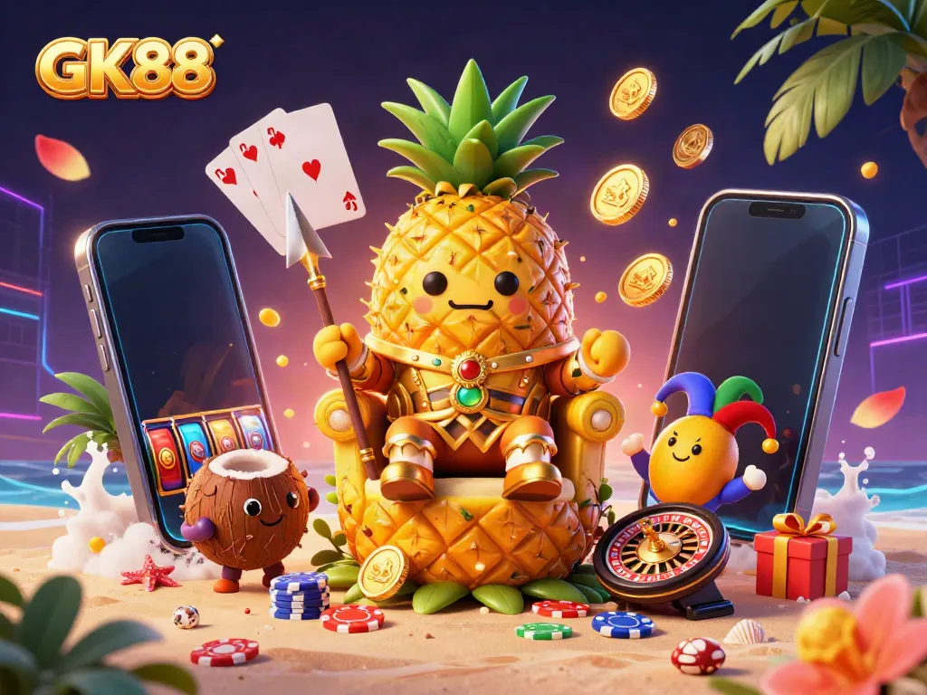 Play exciting slot games with GK88 and enjoy vibrant casino-themed fun on a beach.