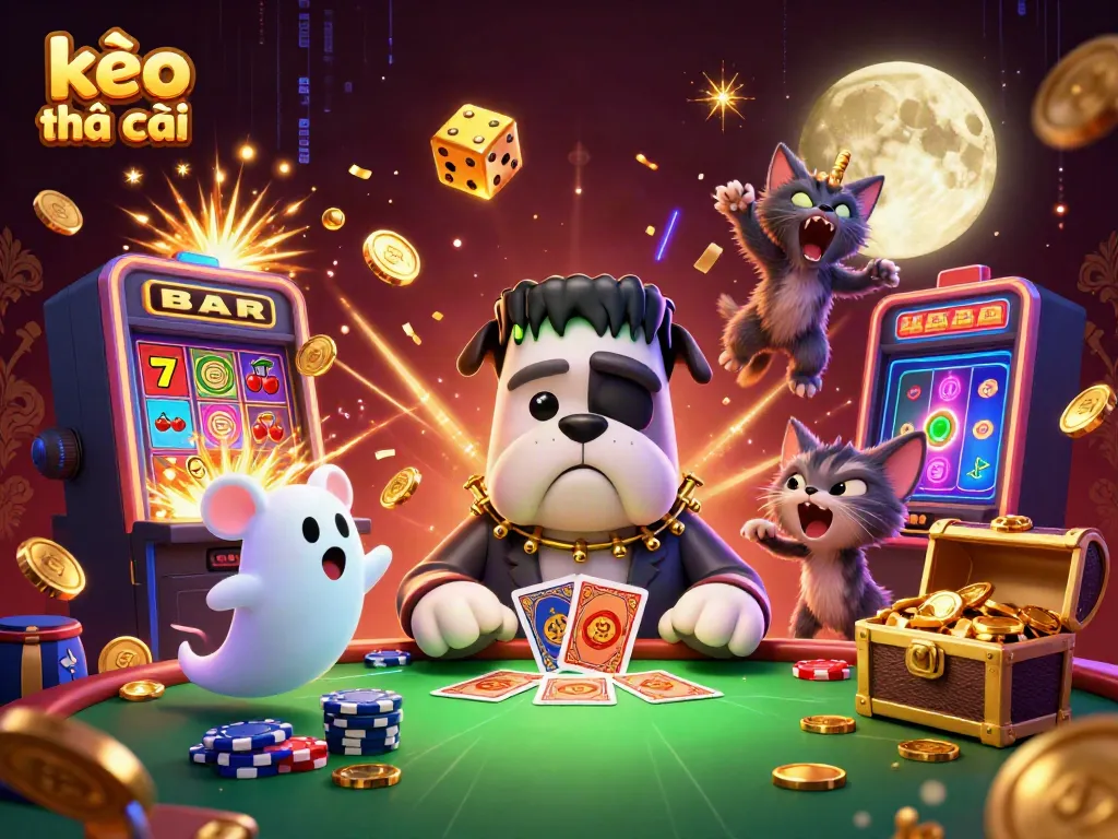 Experience thrilling kèo nhà cái action with vibrant characters and dynamic casino elements in a spooky atmosphere.