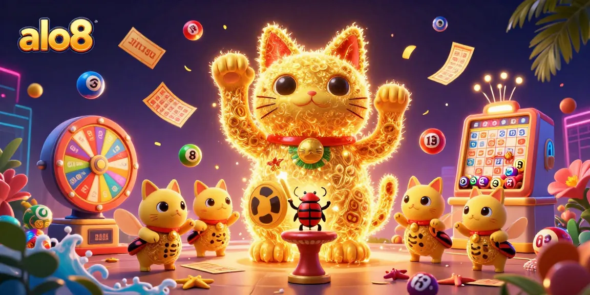 Explore thrilling gameplay with alo8's giant lucky cat symbolizing joy in a vibrant casino scene.