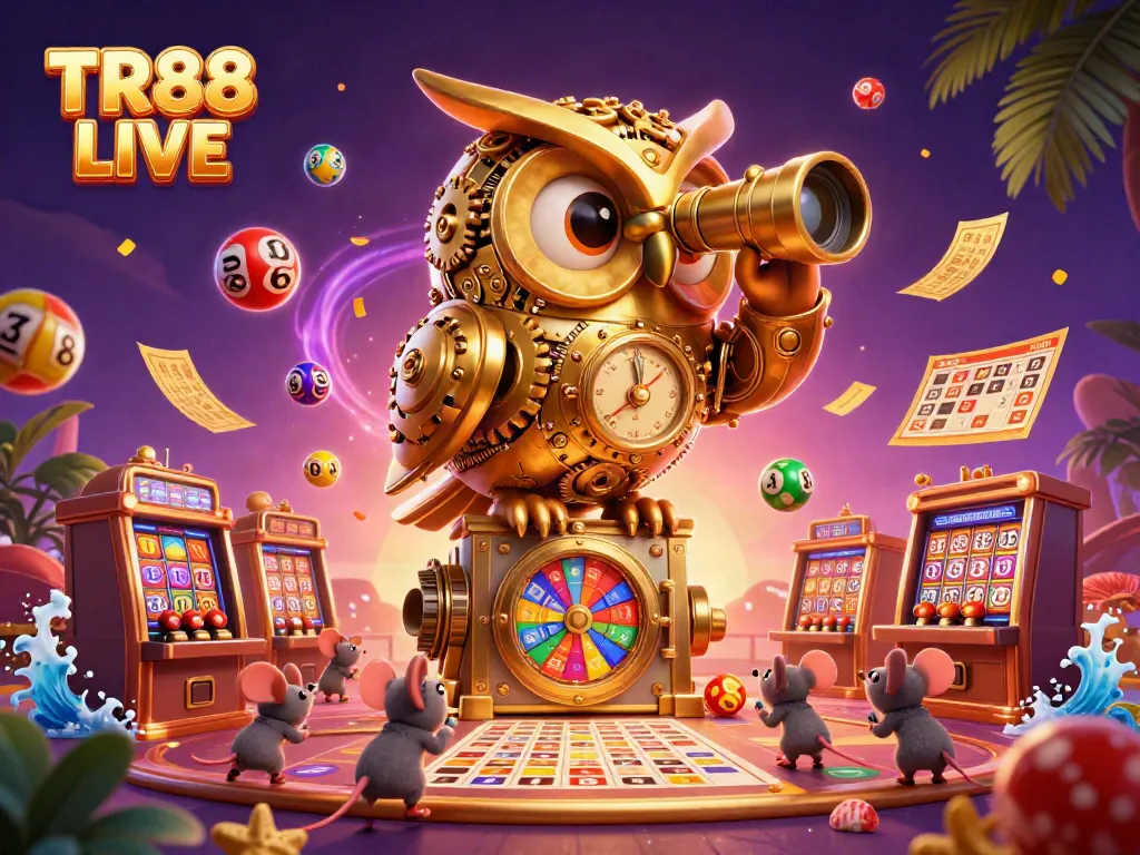 Experience the vibrant atmosphere of TR88 LIVE with a captivating owl and lively casino elements.
