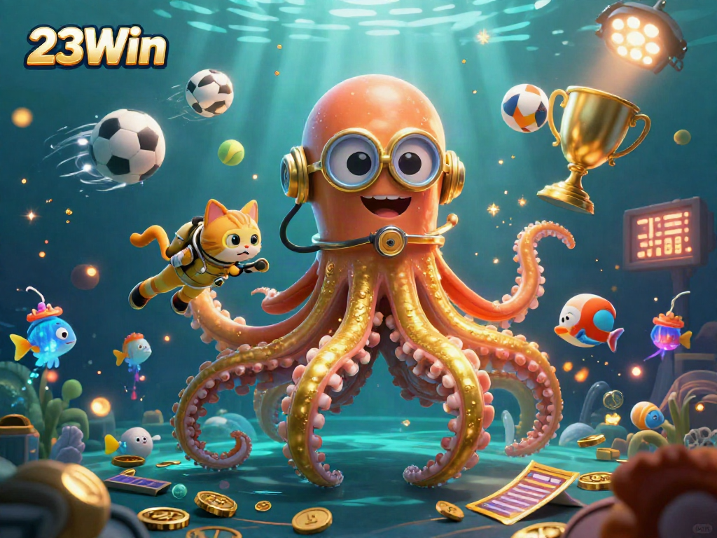 Engage with 23Win in a vibrant, dynamic underwater casino scene featuring a kraken and diving cat.