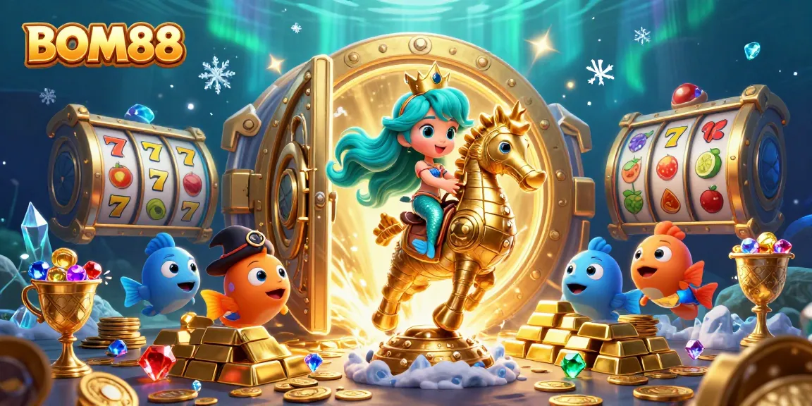 Experience BOM88’s captivating gaming adventure featuring a mermaid, seahorse, and treasure amidst vibrant slot visuals.