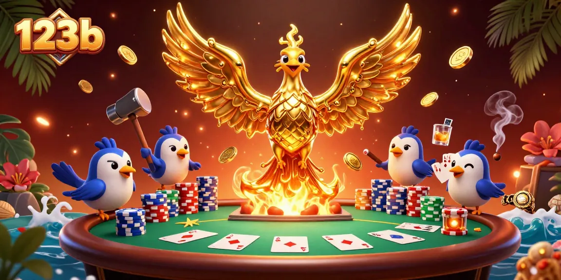 Experience the thrill of 123b in this vibrant 3D casino scene featuring molten metal phoenix and poker elements.