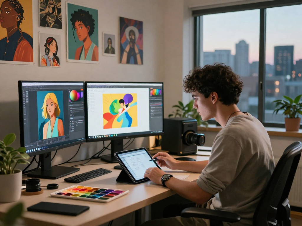 Creating nsfw ai content in a vibrant digital art studio.