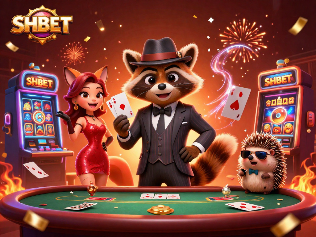 Play poker at SHBET with a raccoon holding a royal flush beside a fox and hedgehog in a casino