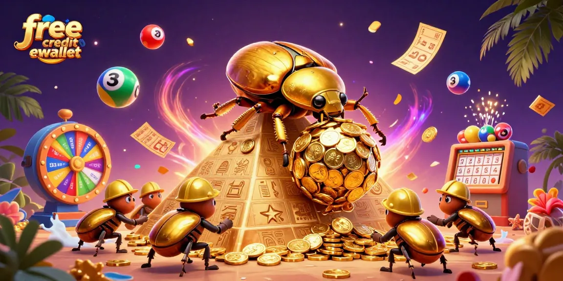 Engage with free credit ewallet as golden prizes fill the air in this vibrant casino scene.