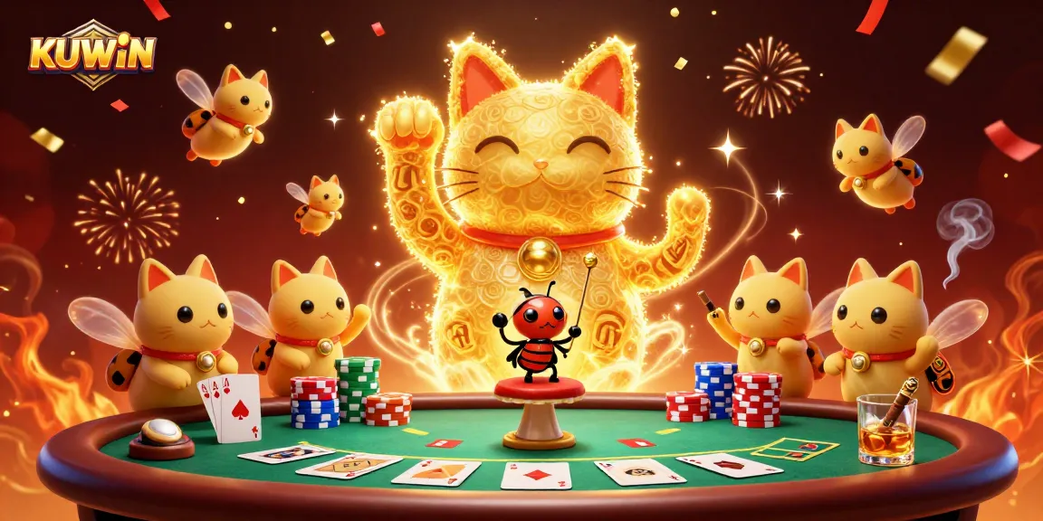 Engage with the vibrant KUWIN casino scene featuring animated golden fireflies and dynamic poker elements.