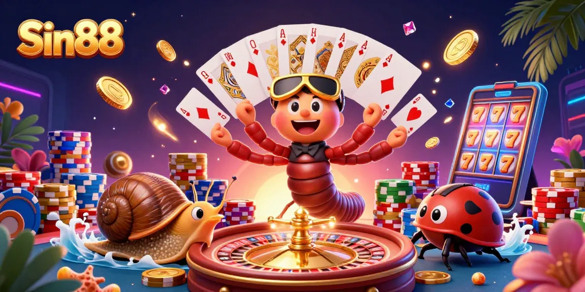 Experience the excitement of Sin88 with vibrant cartoon characters, playing cards, and cascading coins.