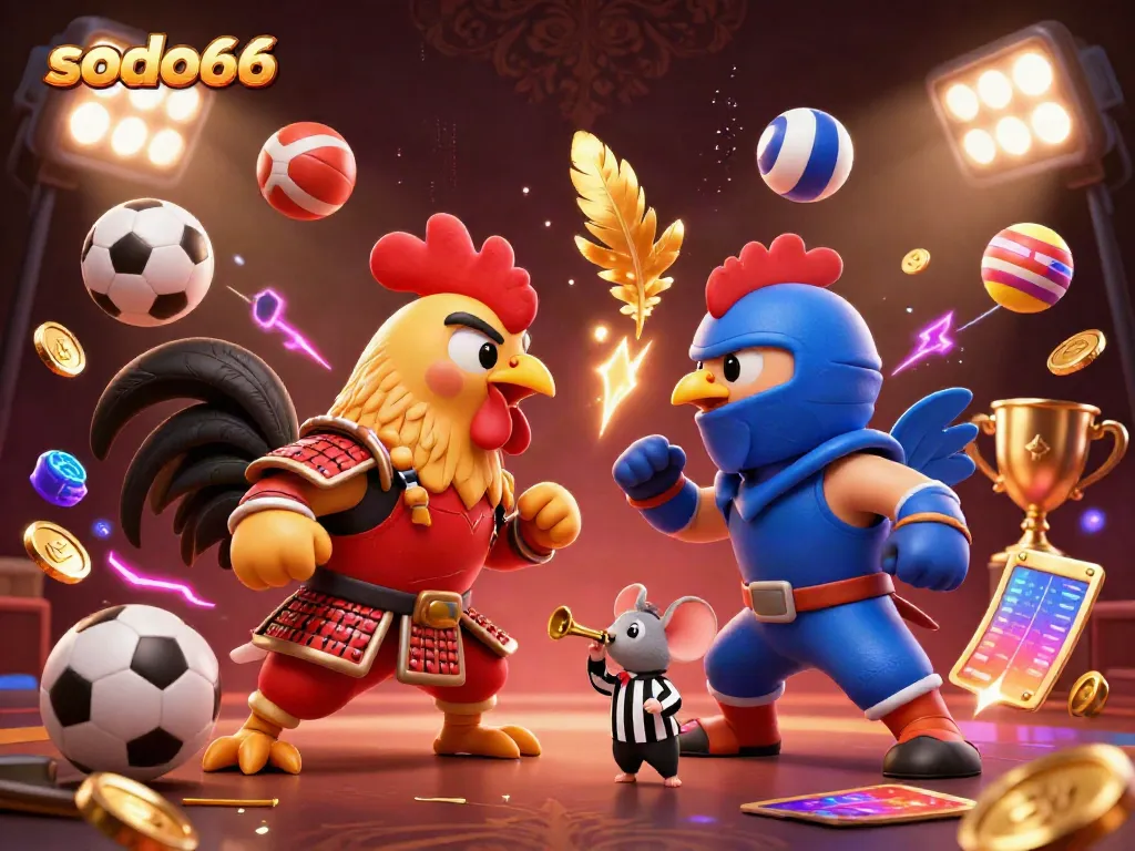 Engage in thrilling action at SODO66 with dynamic roosters in armor, battling amidst exciting casino elements.