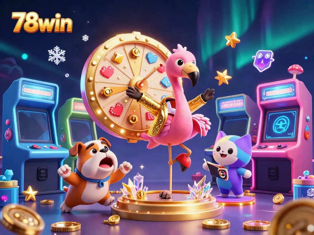 Engage with exciting gameplay at 78win, featuring a vibrant game show scene with a flamingo host and cheering dog contestant.