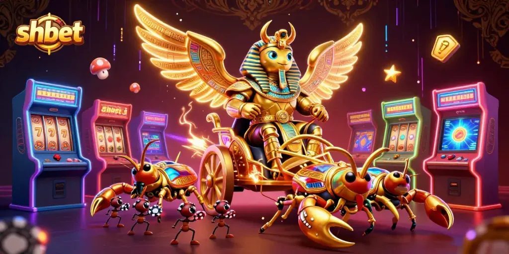 Engage in thrilling jackpots with shbet in a vibrant 3D casino adventure illustration.
