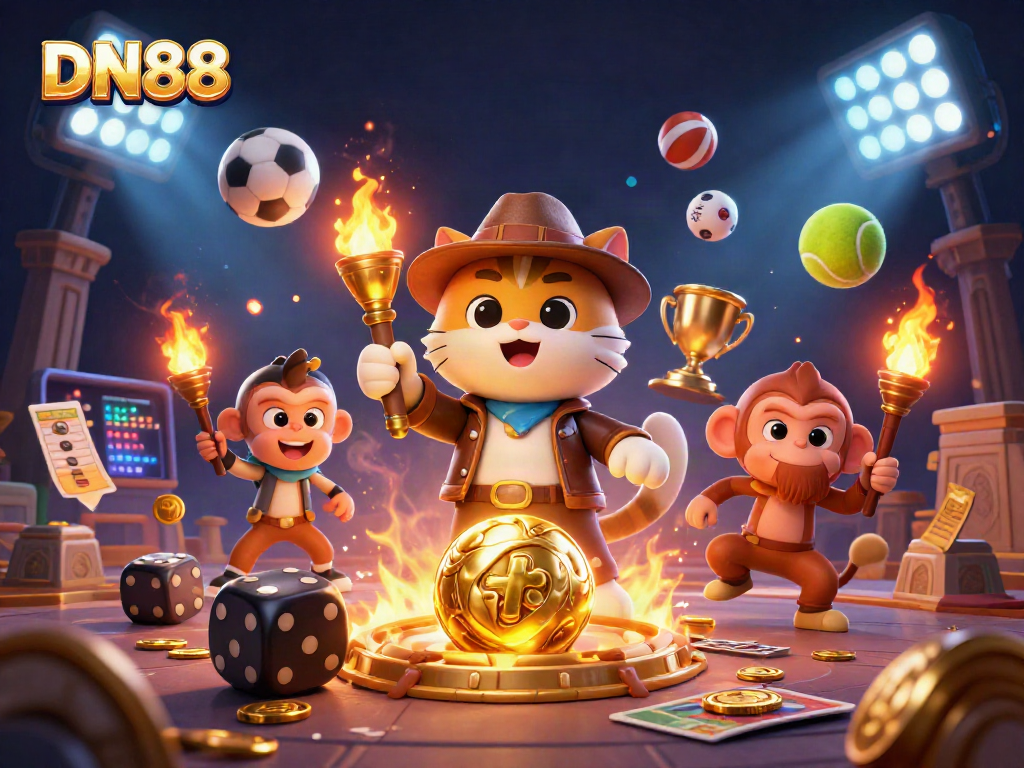 Experience thrilling moments with DN88 as the cartoon explorer cat uncovers golden casino treasures.