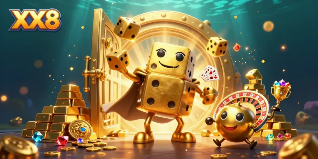 Experience the betting thrill with XX8 in a vibrant casino scene filled with golden treasure and lucky charms.