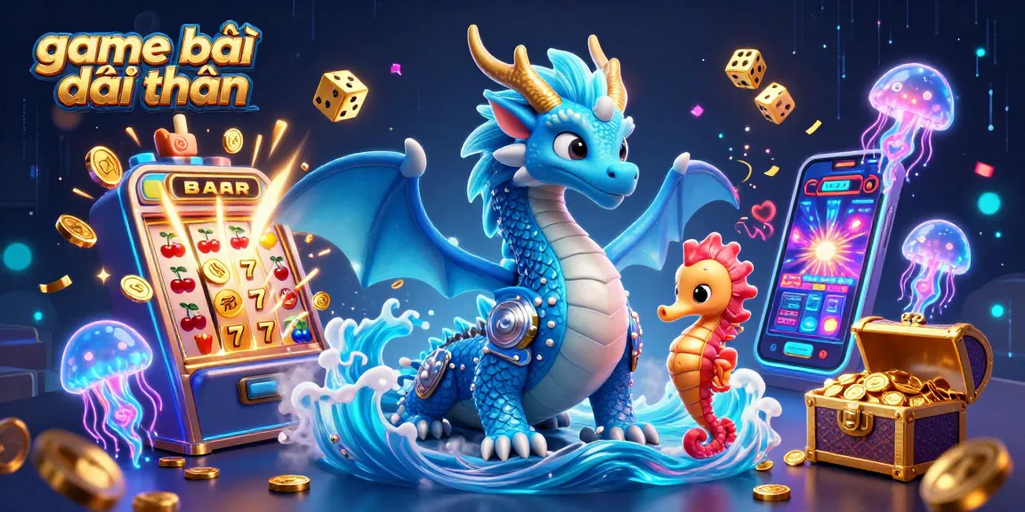 Engage in game bài đổi thưởng with an illustrated casino scene featuring dragons, seahorses, and slot machines.