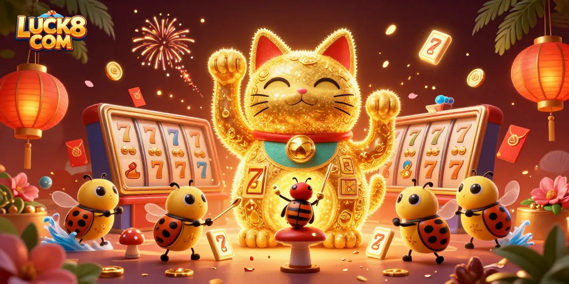 Engage with LUCK8 COM in a vibrant 3D casino scene featuring a lucky cat and dynamic symbols.