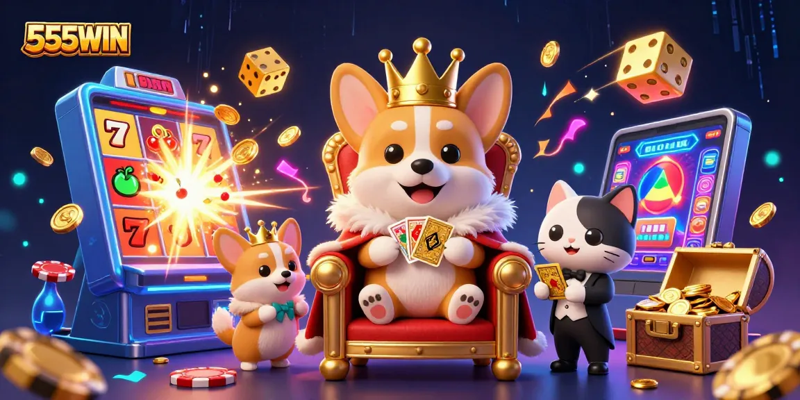 Experience the thrill of 555WIN with a vibrant online casino scene featuring iconic elements and lively characters.