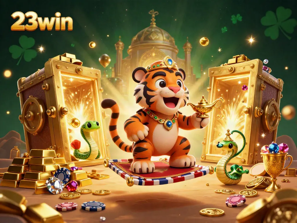 Engage in exciting gameplay at 23win, featuring a sultan on a poker chip carpet amidst treasures.
