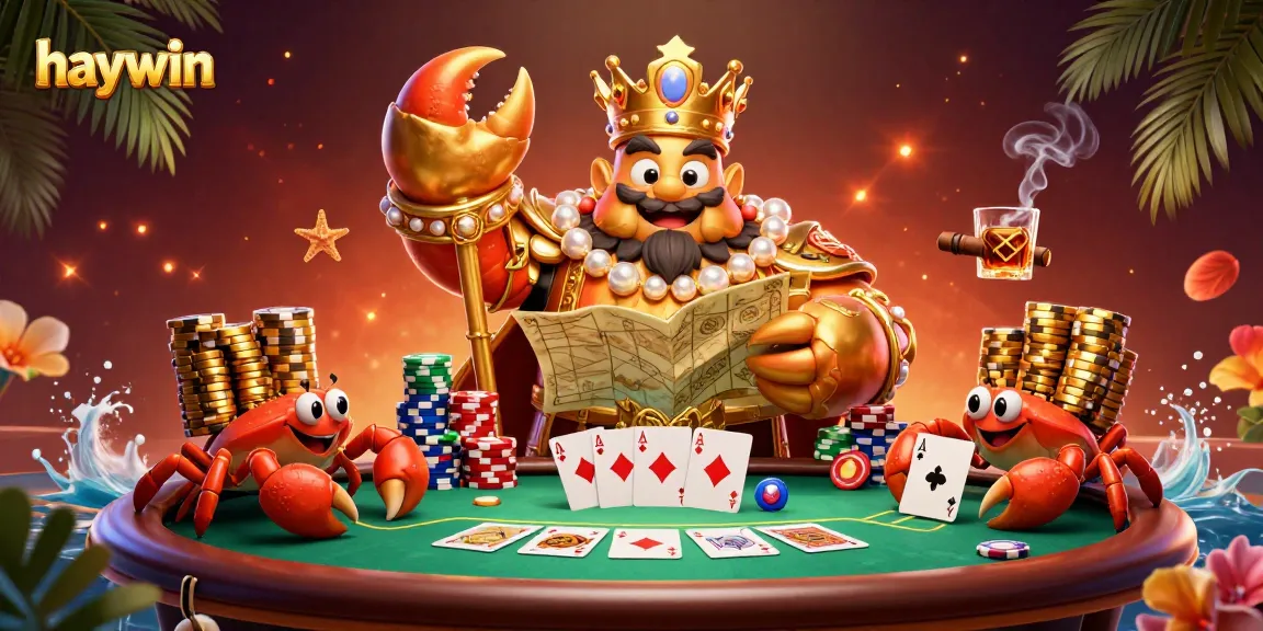 Experience excitement with haywin's golden crab emperor and poker elements in a vibrant casino scene.
