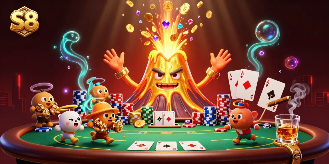 S8 players engaging with a triumphant volcano amidst a sea of treasures during thrilling poker action.