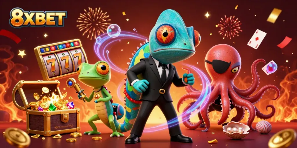Experience the vibrant world of 8XBET with dynamic characters and engaging slot elements in a colorful casino scene.