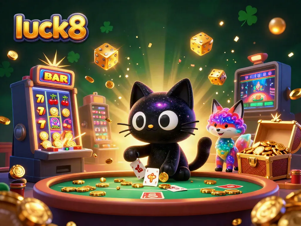 Experience the luck8 casino atmosphere with vibrant characters and exploding jackpots in this exciting illustration.