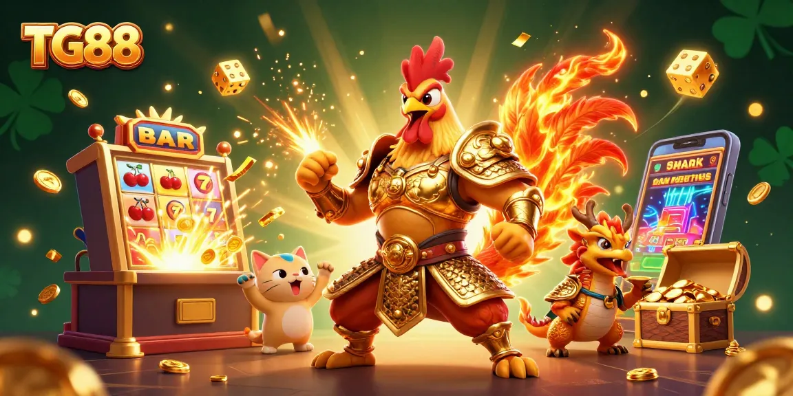 TG88 transforms gameplay with a vibrant scene featuring a warrior rooster and dragon, celebrating wins in an online casino atmosphere.