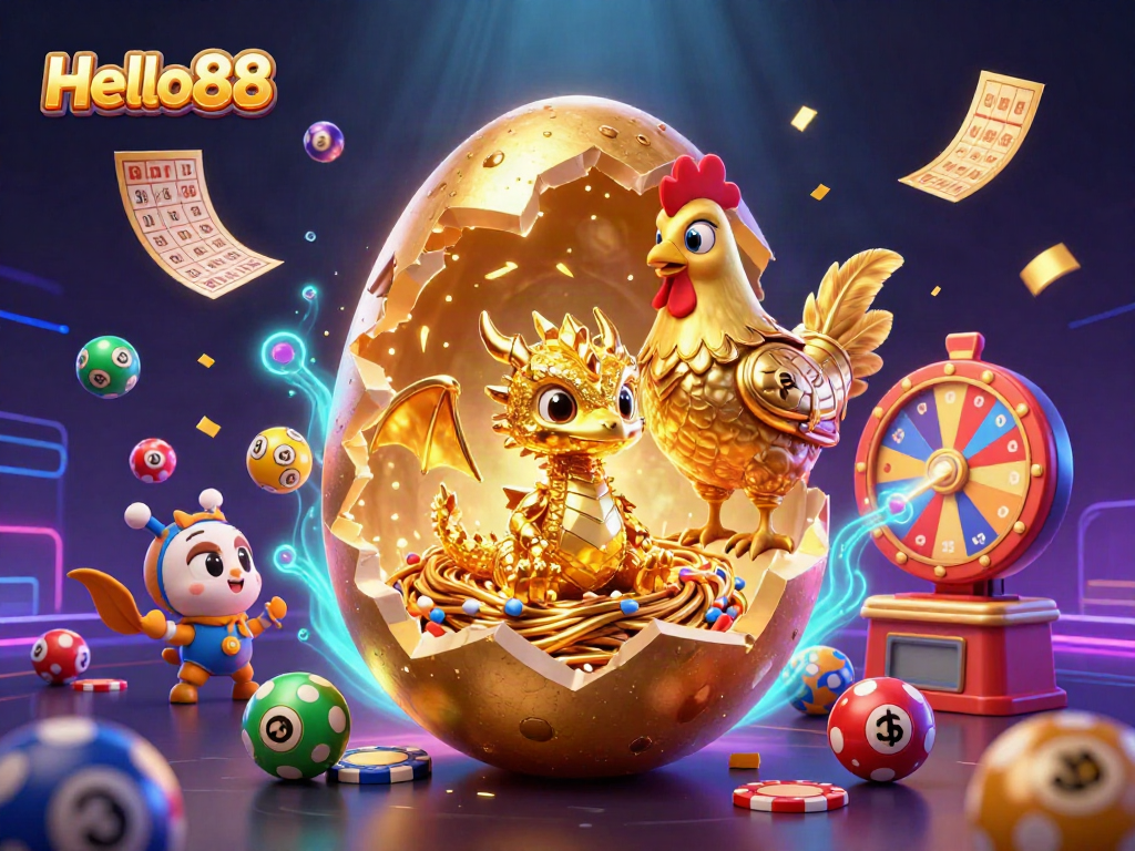 Engage with Hello88 through a vibrant 3D casino illustration featuring a golden dragon and dynamic game elements.