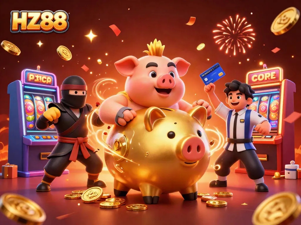Play thrilling games at HZ88 while an enormous piggy bank sumo wrestler celebrates with coins and confetti.