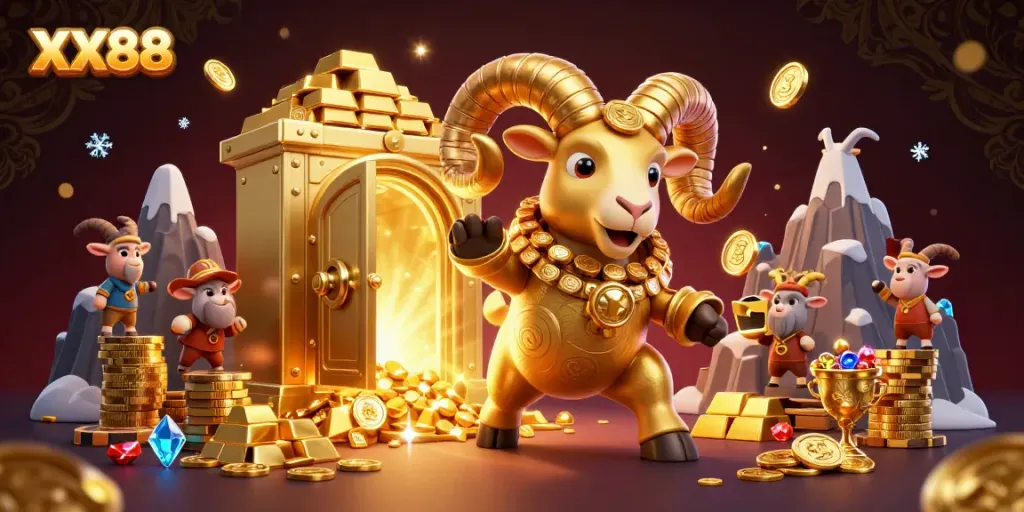 Experience thrilling gameplay at XX88 with a golden ram and treasure vault in a vibrant casino scene.
