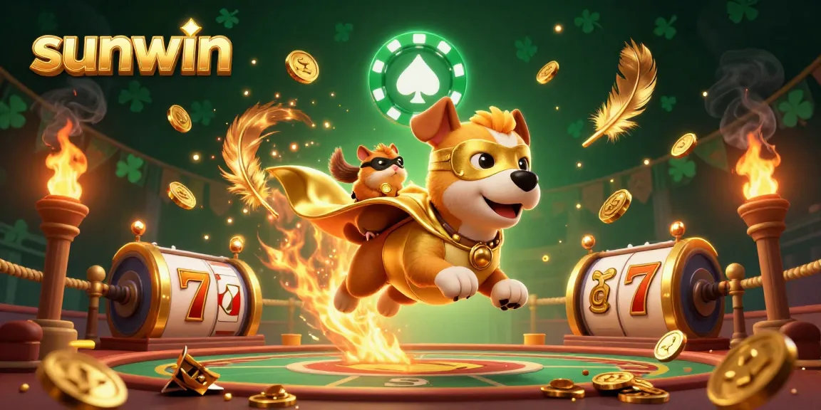 Win big with Sunwin in this vibrant 3D casino illustration featuring a heroic dog and slot elements.