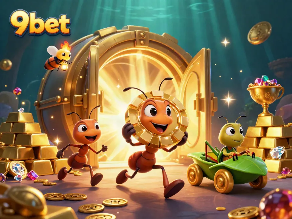 Engage with the dynamic heist scene featuring 9bet's playful cartoony ants carrying a massive poker chip.