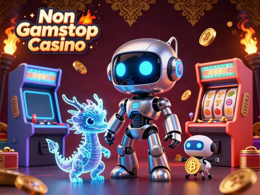 Engage in thrilling experiences at Non Gamstop Casino with a vibrant 3D illustration of a cyberpunk robot and gaming elements.