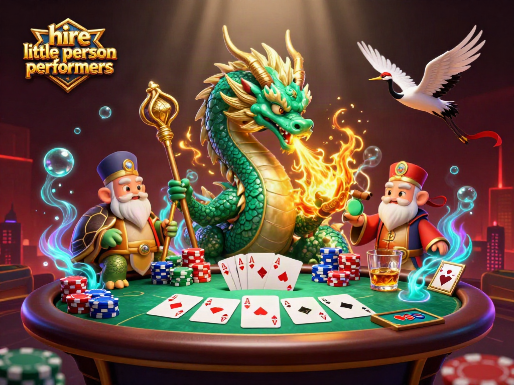 Hire little person performers in a vibrant 3D casino scene with poker chips and cards