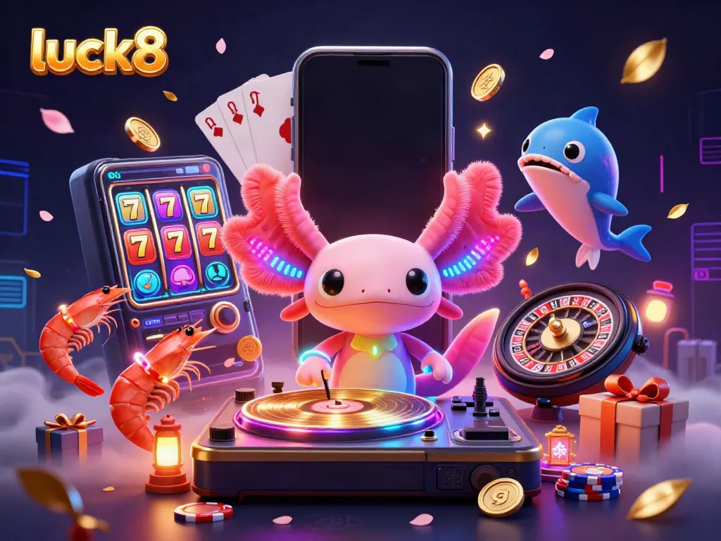 Experience the vibrant world of luck8 with a neon axolotl DJ, surrounded by ecstatic shrimp dancers and captivating casino game elements.