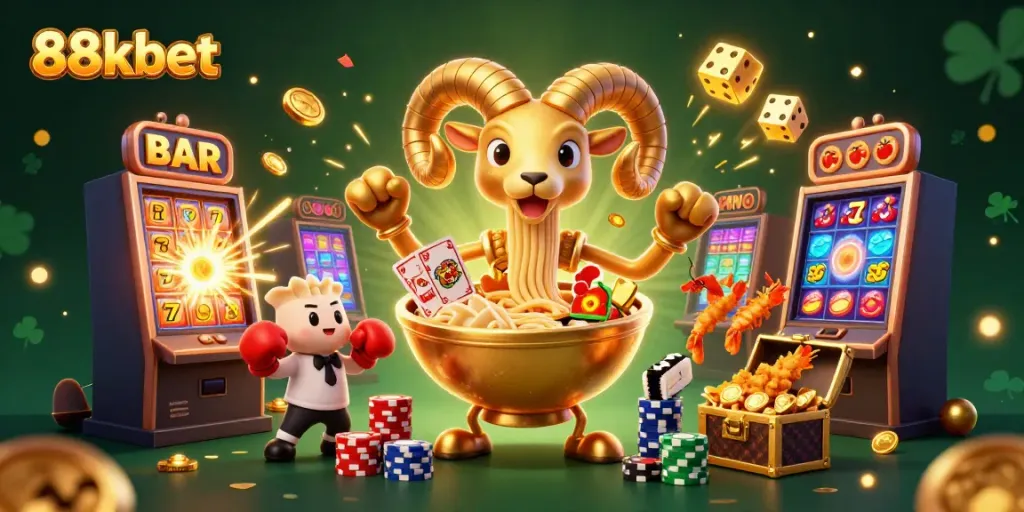 Experience thrilling 88kbet excitement with our vibrant casino-themed digital art featuring colorful games and characters.