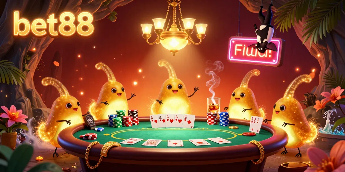 Experience vibrant gameplay at bet88 with glowworms illuminating a poker scene in a cave casino.