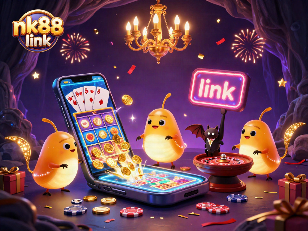 Engage with the vibrant nk88 link as glowworms illuminate a cave casino landscape.