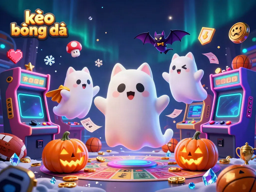 Engage with kèo bóng đá as a floating ghost cat navigates a haunted sports betting casino filled with glowing elements.
