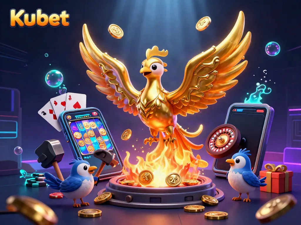 Experience excitement at Kubet Casino with a dynamic 3D illustration featuring a golden phoenix and engaging gaming elements.