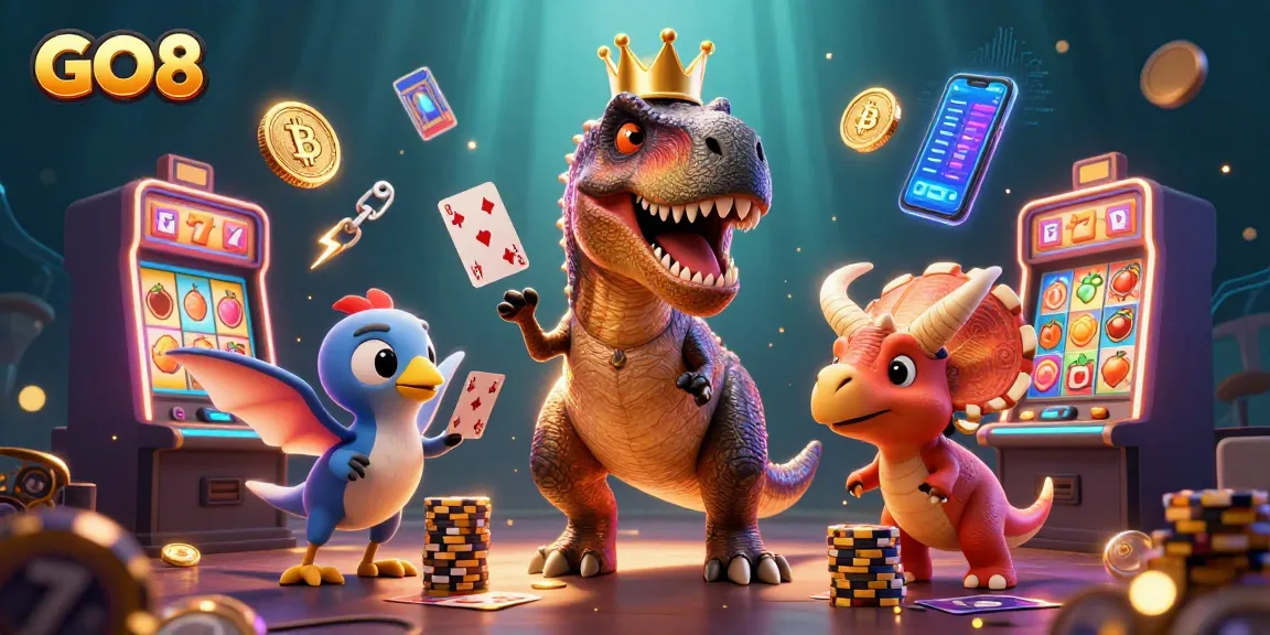 GO8 showcases a playful casino scene with a T-Rex, pterodactyl, and triceratops amidst slot machines and neon crypto coins.